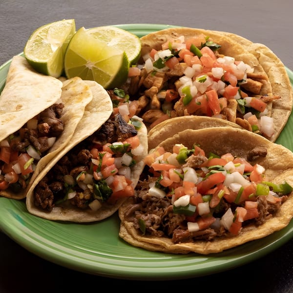 Four Camila's Mexican Restaurant tacos with meat, pico de gallo, and lime wedges on a green plate.