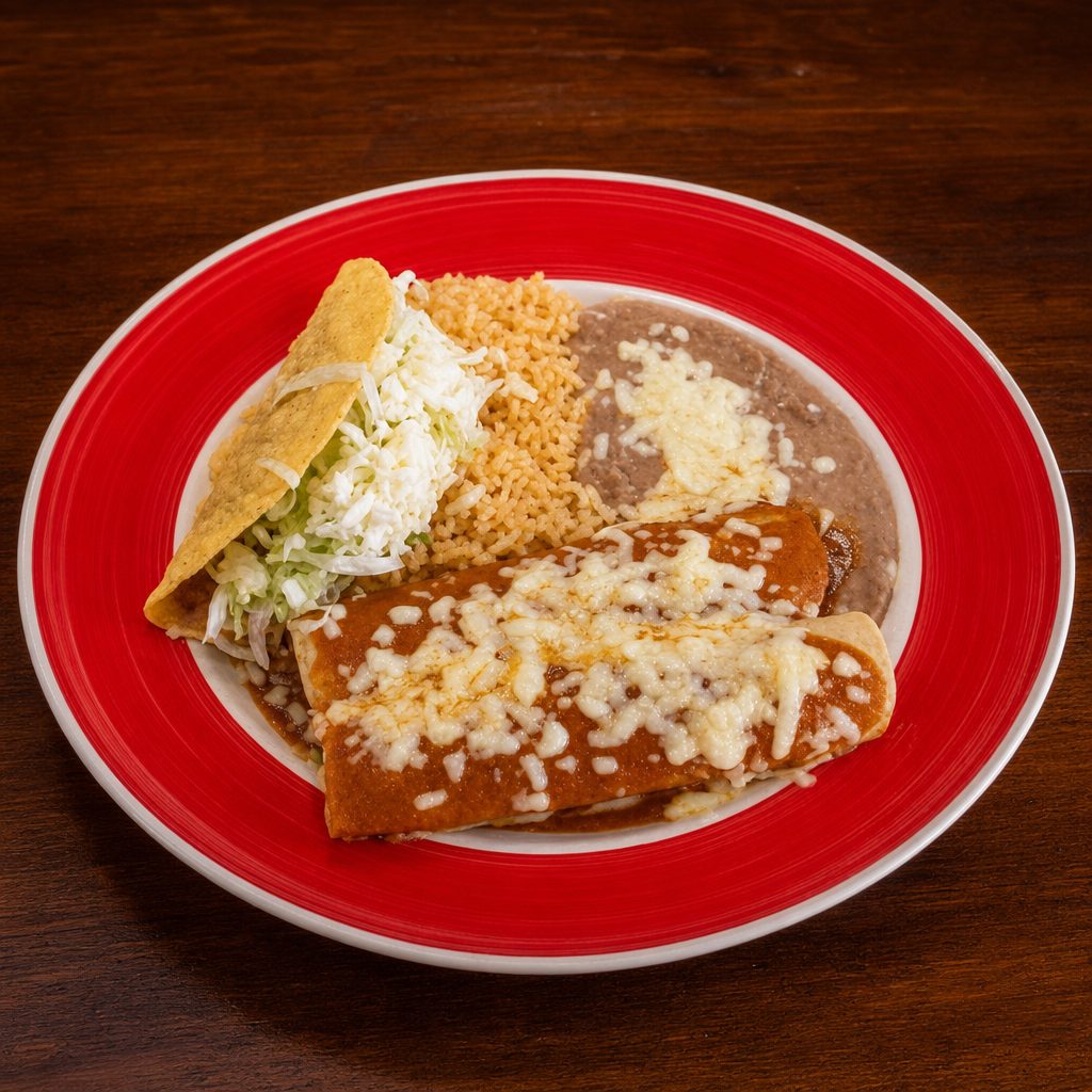 Two Enchiladas, Taco, Rice & Beans.