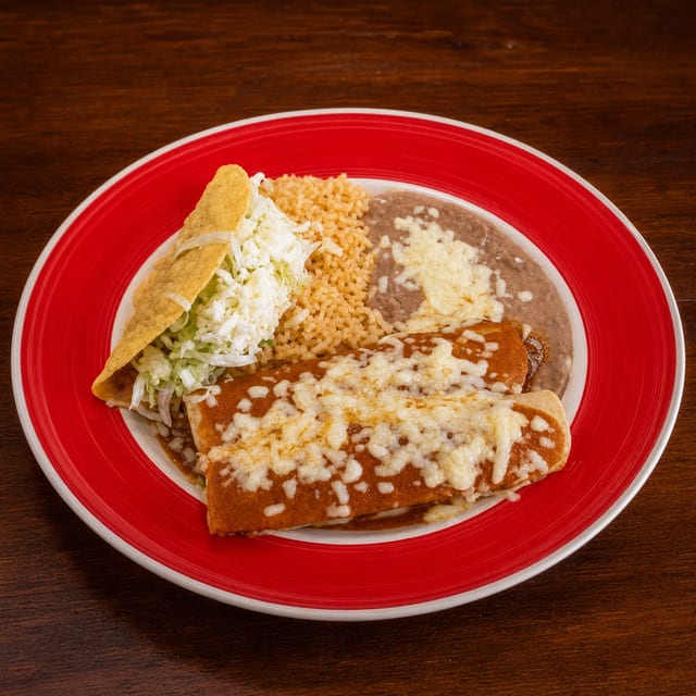 Two Enchiladas, Taco, Rice & Beans.